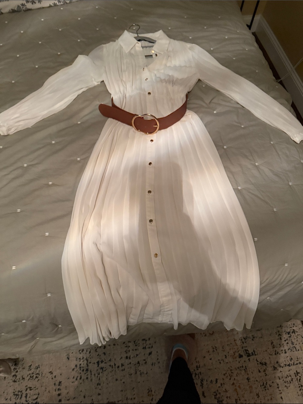 Zara White Pleated Maxi Shirt Dress with Brown Belt - Picture 3 of 5